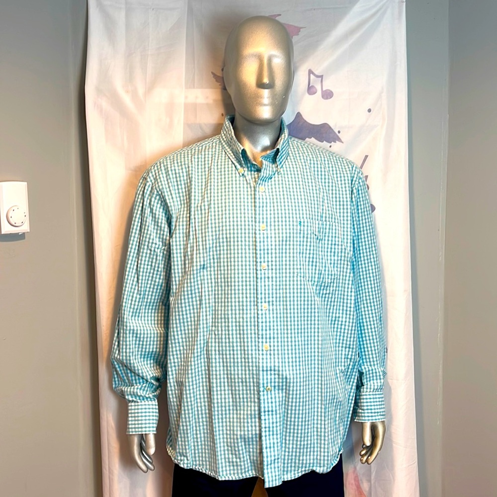 IZOD Green & White Gingham Button Collar Dress Shirt Size XXL